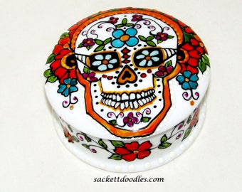 Day of the Dead Sugar Skull Trinket Box Mexican Folk Art Jewelry Vanity Box Hand Painted Porcelain Box