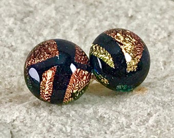 Dichroic Glass Earrings Sterling Silver Post Fittings with Silver Butterfly Backs Sparkling Iridescent Colours - Round 10mm -Gift Box
