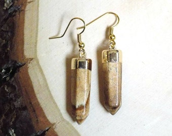 Jasper Earrings, Gold Dipped Picture Jasper Stone Earrings, Natural Stone Jewelry, Jasper Jewelry, Gemstone Jewelry, Gifts for Her