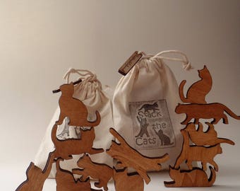 Stack the Cats! Cat lover gift. Bag of twelve wooden cats