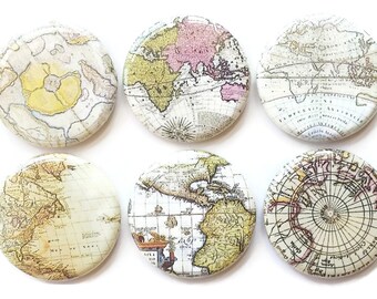 World Map Magnets Colorful Old Maps Fridge Magnets Old World Travel Office Magnets Vintage Map Decor Map Theme Refrigerator Magnets, 6/Set