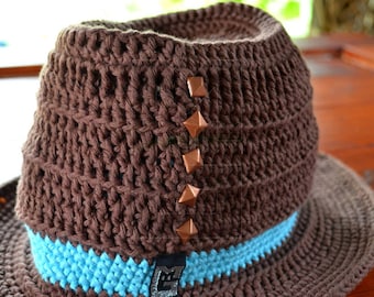 Crochet Hat studded cotton Braun Blau Orange cowboy hat