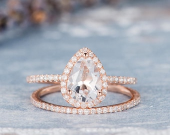 Rose Gold Engagement Ring Pear Shaped White Topaz Bridal Set Birthstone Ring Anniversary Promise Diamond Stacking Wedding Band Women 2pcs
