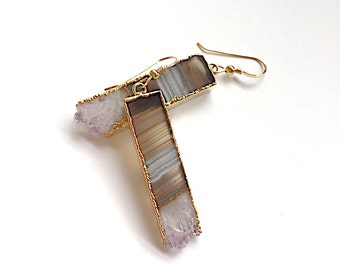 Amethyst earrings gold, purple amethyst earrings, gold gemstone earrings, raw amethyst earrings, gold rectangle earrings, gemstone earrings