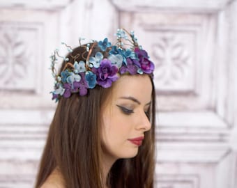 Woodland Crown, Blue and Purple, Flower Crown, Circlet, Headdress, Headpiece, Fairy Crown, Elven Crown, Bridal Headpiece, Wedding, Boho