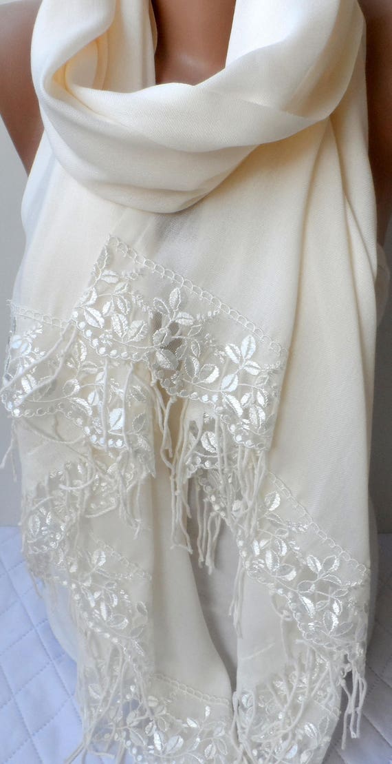 Wedding Cream Pashmina Shawls with Cream French Lace So Soft