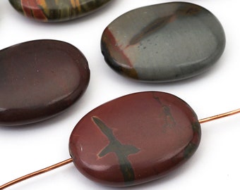 7 pcs flat oval red creek jasper beads, brown black green semiprecious 24mm