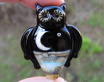 Black Owl "Moon Night" lampwork bead