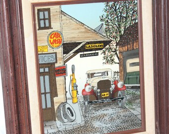 Standard Oil H. Hargrove Serigraph Print -- 14.5" x 12.5" Framed -- Service Station, Car Wash, Gasoline, Auto, Car -- Painting, Picture