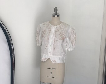 Vintage 70's Crisp White Linen Embroidered Blouse l M