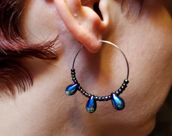 Iridescent Black Glass Hoop Earrings