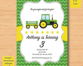 Farm Tractor birthday invitation-SELF EDITABLE PDF -5 x 7inch Customisable Printable Birthday Party Invite - Instant Download