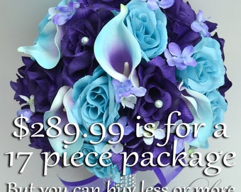Wedding Bouquet, Bridal Bouquet, Flower Bouquet, Wedding Flowers, Silk Bouquet, Turquoise, Malibu, Purple, 17 Piece Package, Lily of Angeles