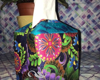 Tissue Box Cover -- Lovely Jewel-Tone Floral Design with Gold Embellishments