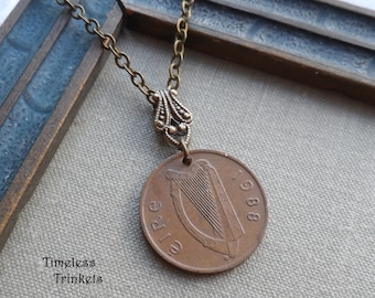 A Pence for Your Thoughts, Reversible Irish Vintage Coin Necklace, 1988, Harp and Ornamental Bird