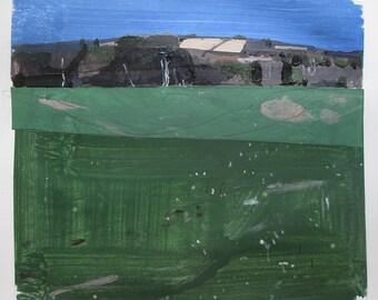 Hill Fields, Original Spring Landscape Collage Painting on Paper, Stooshinoff