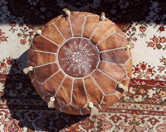 Handmade Moroccan Pouf with Tassels, Genuine Leather Ottoman Footstool, Natural Tan Color (Unstuffed)