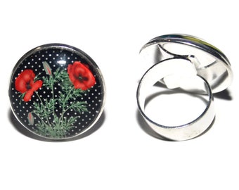 Cabochon Adjustable ring the poppies/25 mm glass