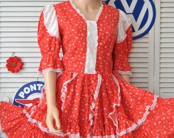 Vintage Womens Dress Rockabilly Square Dance Swing Full Skirt Red & White Hearts Valentine Costume Handmade OOAK 60s 70s Retro 50s Small