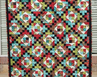 Modern Lap Quilt, Black and Red Quilt, Blue, Green, Handmade Quilt, Homemade Blanket, Throw