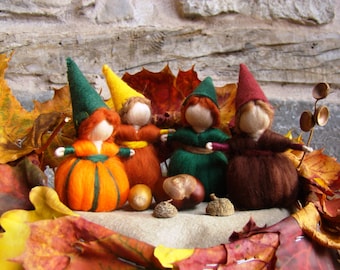 Autumn gnomes by Jade Shen, Waldorf gnome, Oak children pumpkin doll, Steiner gnome, autumn elf kendal fairies, fall gnome, felted gnome toy