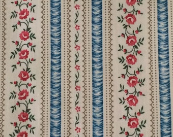 Cotton Fabric / Blue Ticking / Ticking Cotton Fabric / Blue Floral Fabric / Pink Floral Ticking / Blue and Pink Ticking / 3 and 1/3 Yard