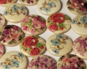 50pcs Assorted Flower Buttons - Wooden Buttons - 13mm - 2 Hole - Sewing Buttons - Scrapbook Supplies - Decorative Buttons - B3258H