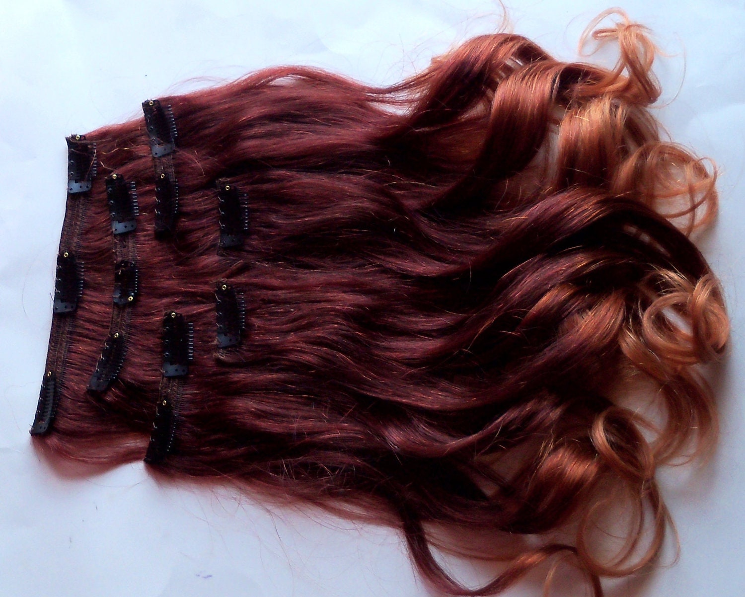 18 Inch Ombre Red Auburn To Gold Blonde Clip Fade Clip In 100