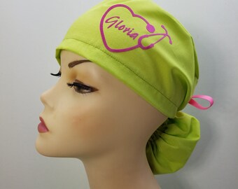 Surgical Cap ponytail stile, scrub caps, personalized-Stethoscope Name- Cotton 100%