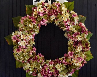 Pink Blended Hydrangea Spring and Summer Front Door Wreath