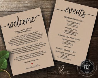 Wedding Welcome and Itinerary card, editable PDF template, Timeline card, Wedding weekend, welcome bag or box, rustic theme (TED410_13)