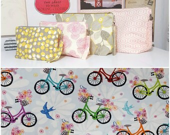 Birds and Bicycles: Custom Made to Order zipper knitting project bag with wrist strap and inside zipper pocket