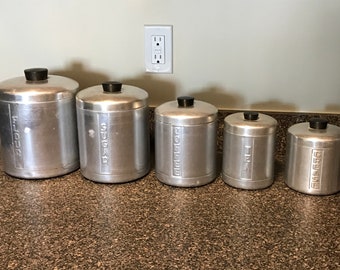 Vintage 5 Pc Aluminum Canister Set