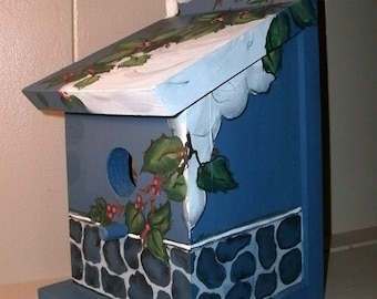 Hand Crafted Blue Birdhouse Winter Snow Scene Bird House Indoor/ Outdoor Ready To Ship