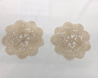 Lot of 2 Vintage Cream Crochet Round Dollie Doily Table Topper, Coaster