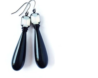 Black and White Opal Dangle Earrings