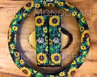 Monogrammed Sunflower Steering Wheel Cover Seat Belt Covers Sunflowers Padded Insulated Custom Steering Wheel Cover Cute Car Accessories