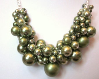 Pearl Cluster Necklace Set in Shades of Olive Green - Clusters of Glass Pearls - Chunky, Choker, Bib, Necklace, Wedding, Bridal, Bridesmaid
