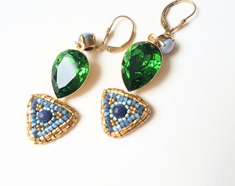 Blue and green emerald earrings