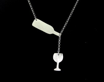 Red Wine Necklace - Silver Wine Jewelry - 21st Birthday Gift for Her- Wine Bottle Necklace - Wine Glass Necklace - Wine Gift - Wine Lover