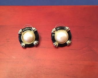 Faux Pearl Earrings ~ Black and White ~ Pierced ~ Square Shape ~ Vintage