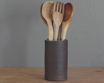 ready made utensil holder. brown clay with unglazed exterior and grey glaze interior