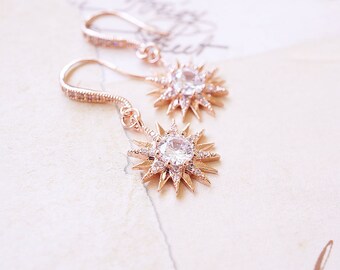 Earrings, Rose Gold Earrings, CZ Earrings, Starburst Earrings, Star Earrings, Crystal Earrings, Dangle Earrings, Drop Earrings, Gift for Her