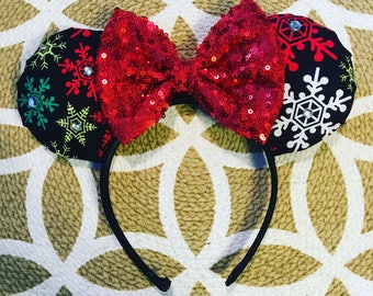 Christmas Disney Ears, Minnie Mouse Ears, Mickey Mouse Ears, Minnie Ears, Sequin Bow, Disney Ears, Christmas Mickey Ears, Disney Christmas