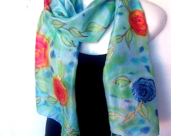 Hand Painted Silk Scarf, Floral, Roses, Ice Blue Medium Blue Orange Red Copper, 71" x 18", Handpainted Silk Scarf