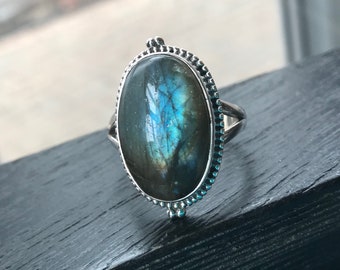 Labradorite Ring Blue Labradorite Statement Gemstone Ring 925 Sterling Silver Bezel 27 mm labradorite Ring Size 10 Oval Labradorite Ring