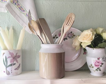Vintage stoneware Utensil holder, Farmhouse kitchen, crock pot, large kitchen storage jar