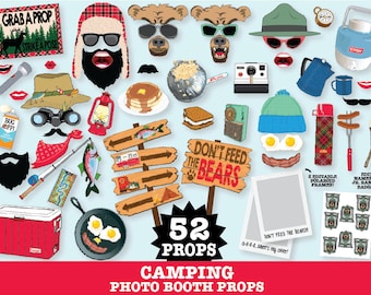 Camping Photo Booth Props - Camping Party, Glam Camp, Woodland Party, Lumberjack - Instant Download PDF - 52 DIY Printable Props