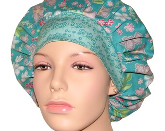 Bouffant Scrub Hats-Flora and Fauna Teal-ScrubHeads-Scrub Hats for Women-Anesthesia Scrub Hats-Floral Scrub Hats-Women's Scrub Hats