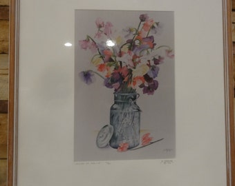 Vintage 1993 Ball Canning Jar Watercolor / Titled" Colors of Spring" Signed S. Medler